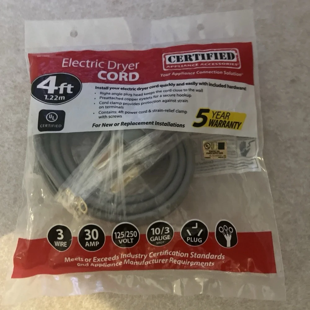 Sela Certified 30‎ AMP 3-Wire Electric Dryer Power Cord 4Ft MPN 90-1020
